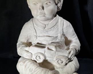 Bright Eyes Sculpture By Dee Crowley Austin Productions 1985 Boy with Toy Car