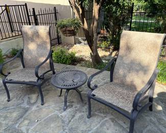 Two Patio Sling Arm Chairs/ Round Occasional Table