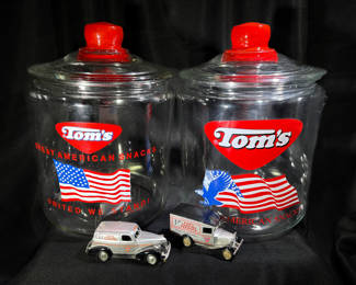 Vintage Tom’s Snacks Glass Jars w/ Lids and Two Lledo Tom’s Promotional Die Cast Toy Cars