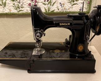 1951 Singer 221 Blue Badge Featherweight Sewing Machine W/ Case and Accessories