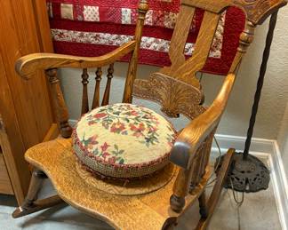 Antique Victorian Pressed Back Oak Rocking Chair and Brass Floor Lamp