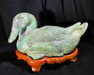 Vintage Cast Bronze Duck Sculpture with Stand
