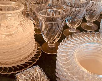 Very large selection of Fostoria "Colonial" pattern including water, wine, juice, cordials, coupes, luncheon plates, saucers, cups, etc., to be sold in sets...