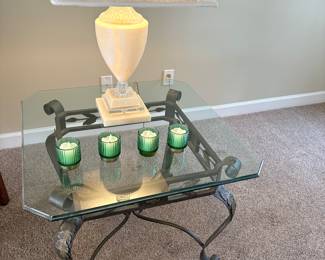 Glass-top side table with metal base - matched set of 2, Alabaster lamp - matched set of 2