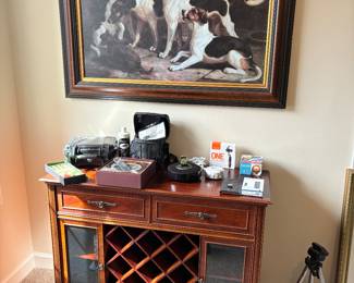 Bar cabinet with wine storage and 2 glass cabinets and 2 drawers, Large framed print, tripods and electronics