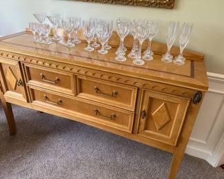 Sideboard - clean lines by Stanley - solid wood with walnut inlay on top and shown with crystal glasses