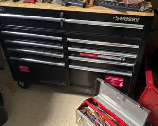 Husky tool cabinet, hand tools, and metal tool box with tools