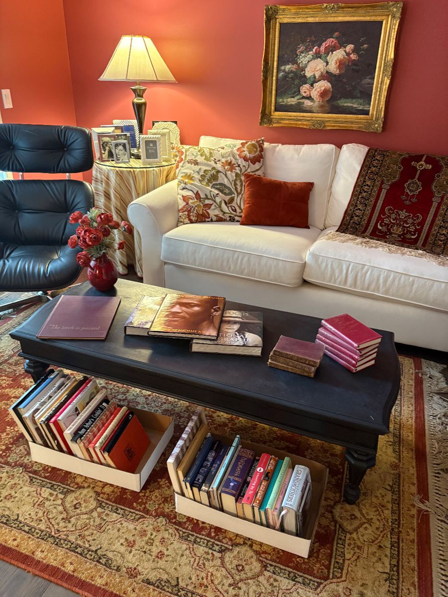 Eames-styled chair and ottoman by Selig, Pottery Barn couch, silk rug, large wool area rug, Brushstrokes painting "June Days" and more!