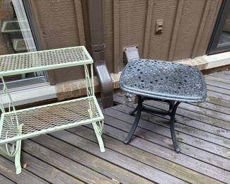 Vintage tiered plant stand and cast aluminum side table