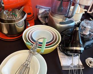 Sunbeam stand mixer, vintage pyrex bowls, vintage and electric hand mixers, food processor and more