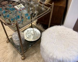 Vintage bar cart with smoke glass, Alpaca area rug and fuzzy ottoman, vintage glass ware and more!