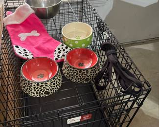 Dog crate, dishes and accessories