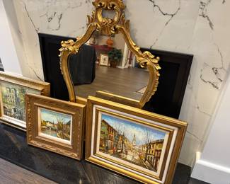 Large hand-carved vintage Italian gold-leaf mirror, and acrylics framed