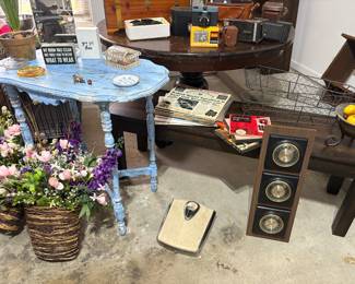 Bench, round pedestal table, painted side table, vintage finds and more!