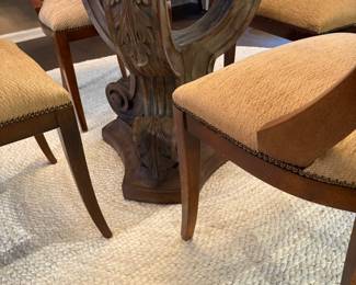 Pottery Barn round Jute rug - excellent condition, view of the pedestal base on round dining table and dining chairs