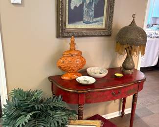 Console table, vintage framed acrylic, Antique lamp - indian and more!