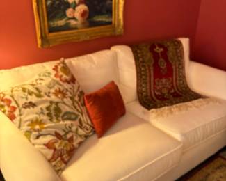 Pottery Barn 2-cushion couch with rolled arms - excellent condition, shown with silk rug, pillows, and Brushstroke acrylic "June Days" -