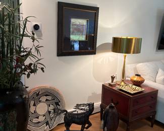 Large wood carved planter - Asian, Brutalist sculpture - horse, pottery/resign decor, leather covered legged side table, brass lamp, hand-carved wood vase and more!