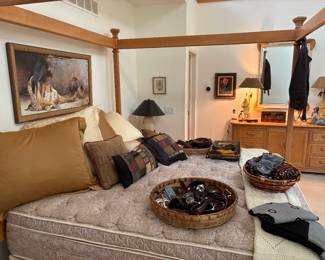 Another view of the KING 4-poster bed by Bernhardt, KING mattress, Euro shams, Accessories for Men and Women:  Belts, scarves, and gloves