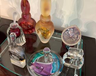 Glass perfume bottles and glass tray