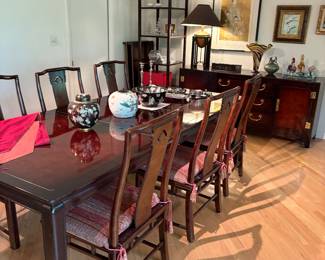 Drexel Dining table - Mahogany with 3 leaves and 8 chairs (2 arm & 6 side), Mahogany sideboard, Baker Etagere (2 available)