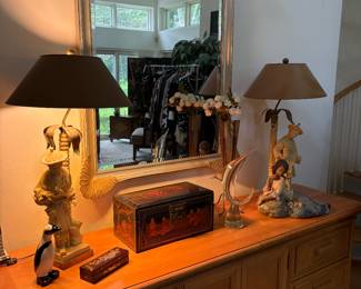 Bernhardt dresser and mirror, pair of Asian lamps, glass dolphin, lacquer box and more!
