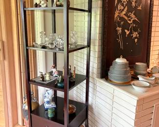 Baker Etagere, Antique Asian panel, Antique Chinese wood bowl