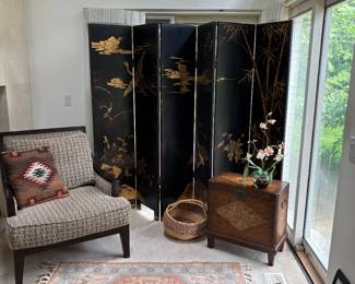 Asian room screen - 6 panel, area rug, Bernhardt armchair, side table/storage chest, and hand-woven basket