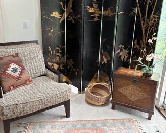 Asian room screen - 6 panel, area rug, Bernhardt armchair, side table/storage chest, and hand-woven basket