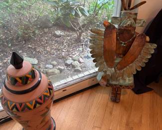 Southwest art:  copper wall - 3-D, and hand-painted urn