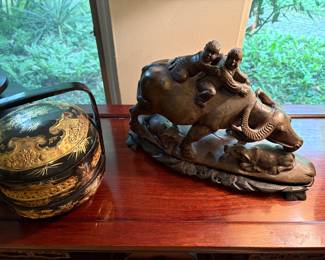Antique Chinese wedding basket and Chinese Water buffalo with children
