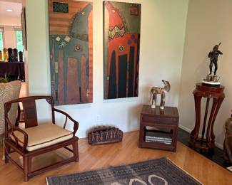 Asian armchair, Diptych of 2 Horses - "Eating Apples" by Jenny Foster - large scale, side table, wool area rug, and "Viva Santana" Carlos Santa bronze signed by Paul Wenger #13/1751