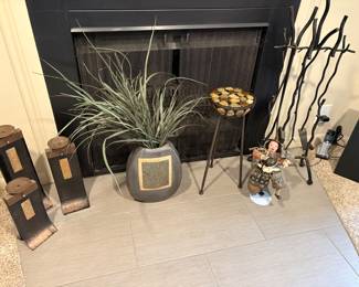 Brass pillar candle holders, vase, fireplace tool set