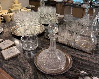Crystal, glassware, and silver-plated trays