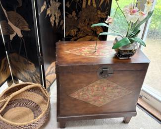 Side table storage chest, view of Asian screen, and hand-made basket