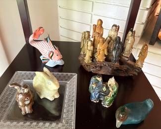 Daum French glass figurine, marble and cloisonne' figurines, and hand carved Antique Chinese sculpture