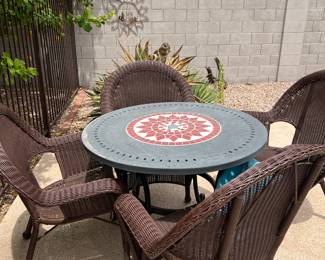 PATIO TABLE, WICKER CHAIRS