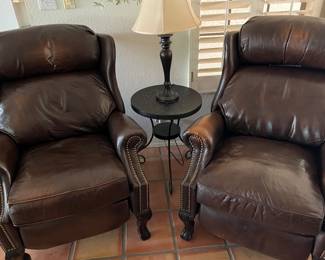 Pair of Barcalounger recliners, accent table, table lamp