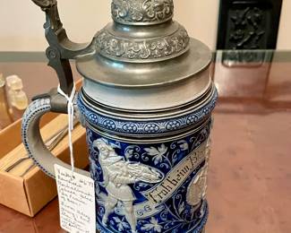 Reinhold Merkelbach Vintage # 679. Cobalt Blue Stein "In Praise of Beer" From the Harry Jersig Lone Star Beer Collection, it is marked on the bottom. Wonderful piece of SA history