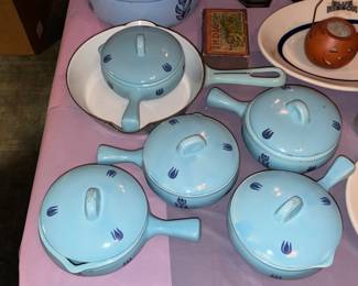 Vintage Cronin Blue Tulip Soup Crock Set W/ Serving Pots