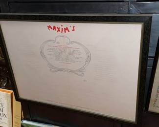 Framed ORIGINAL Menu From Maxim's (NYC)