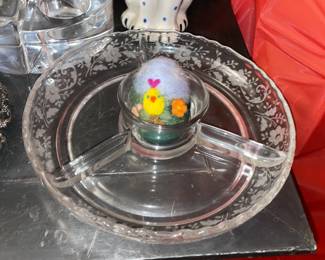 Vintage Etched Divided Crystal Dish