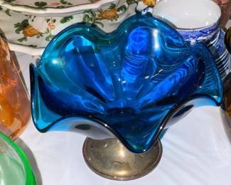 Vintage Blue Ruffled Edge Bowl W/ Silver Plated Base