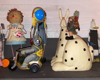 Assorted Fireplace Mantle Figures (Tin Wind Up, Wizard Of Oz, Etc.)