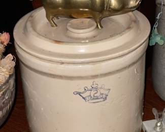 Crockware Jug W/ Lid & Blue "2" Crown Mark