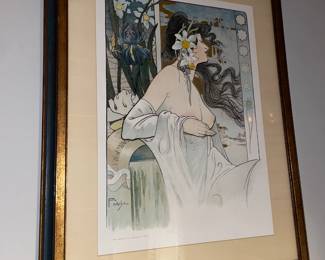Framed Art Nouveau Semi Nude Woman Lithograph