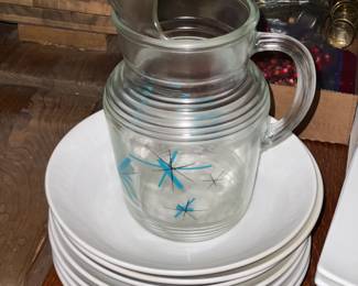 White China Plates & Vintage Mid-Century Modern Teal Pitcher