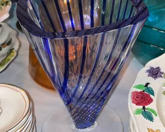 Blue & Clear Swirl Art Glass Vase