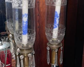 Antique Brass Candle Holders W/ Glass Shades & Crystals