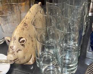 Pig Figurine W/ Clear Glassware & Stemware